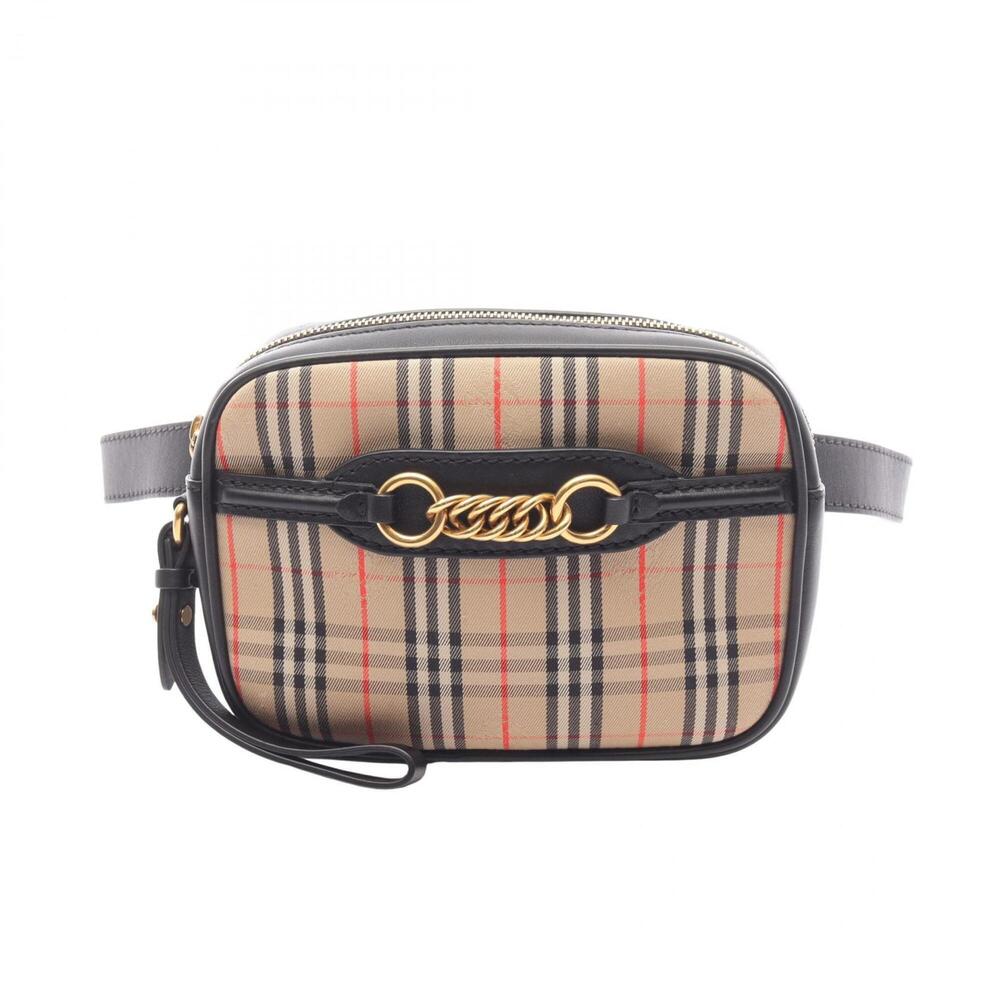 Burberry Check Link Bum Bag Waist Handbag Canvas Leather Women's Beige/Black